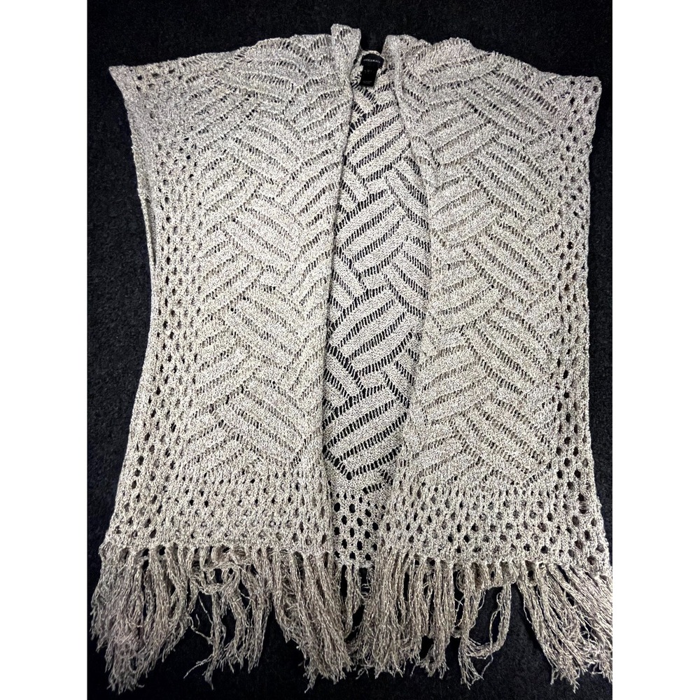 Buckle Black Cardigan Vest Womens M/L Beige Open Knit Fringe Trim Boho Winter